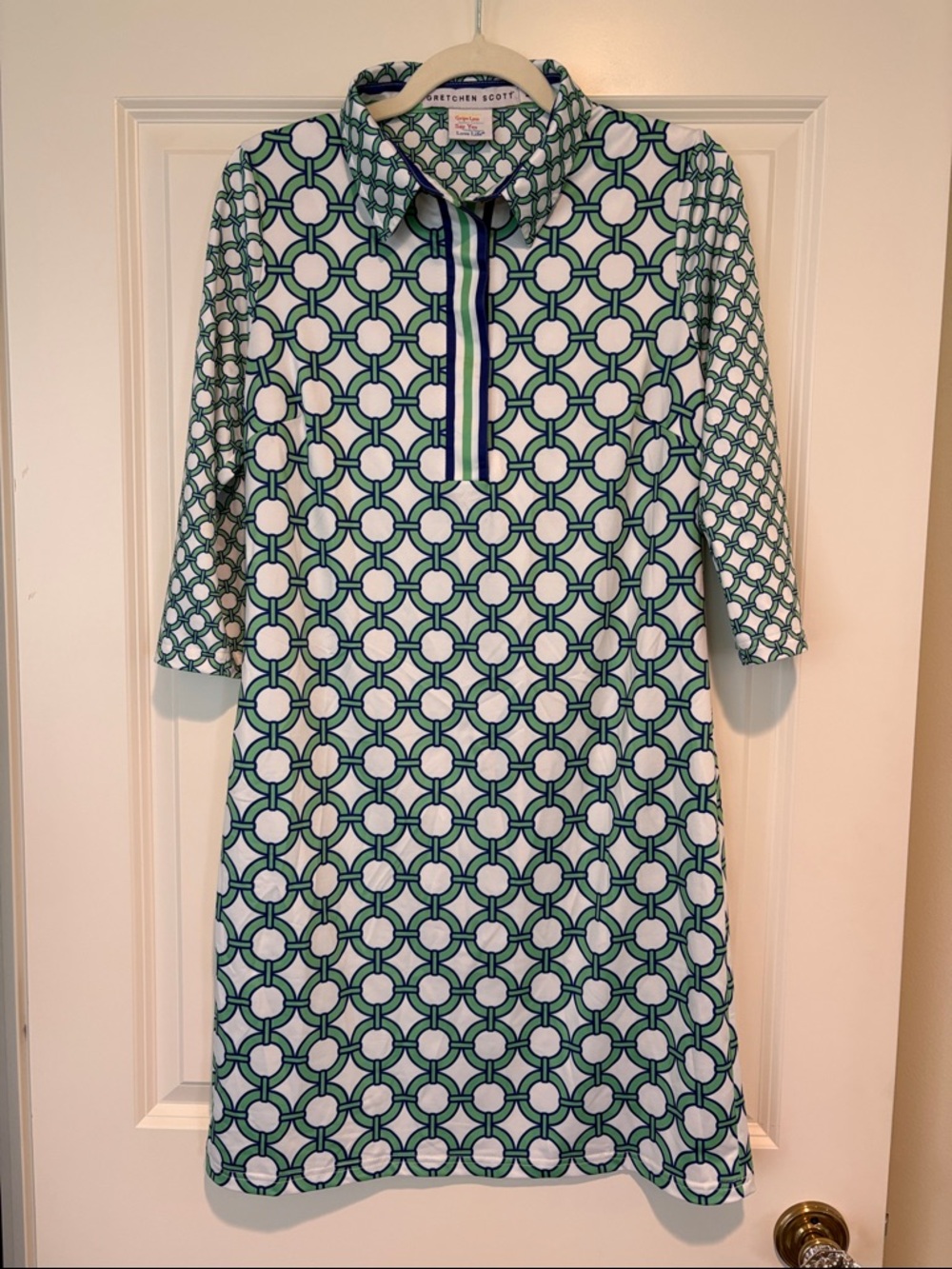Gretchen Scott Designs Green and White Geometric Shift Dress